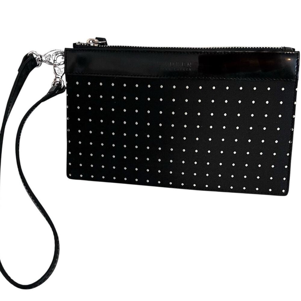 Lauren Ralph Lauren Vintage Clutch Black Satin Swiss Dot Wristlet Evening Bag